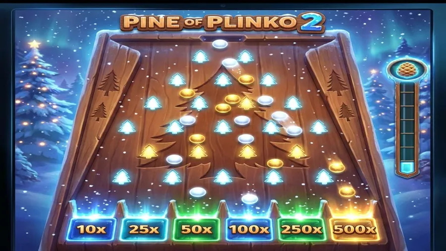 Pine of Plinko 2 Plinko Bonus board — balls cascade through pine bumpers into prize slots